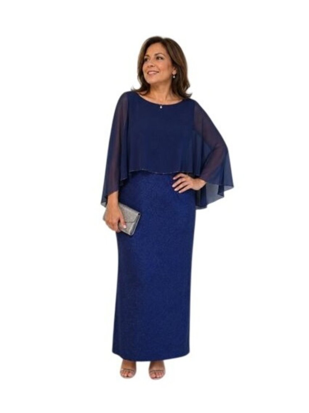 SLNY Womens Plus Size Glitter Mesh Gown With Chiffon Overlay In Royal Blue 14W